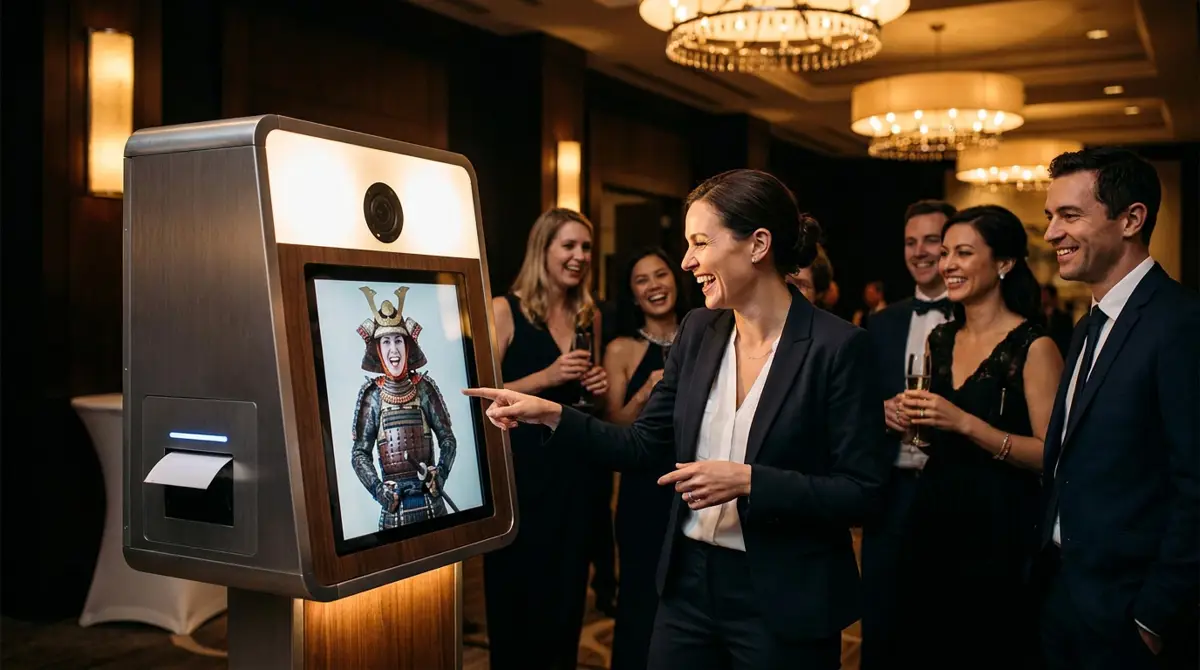 Photorealistic scene of a modern photo booth kiosk at an upscale corporate event, with a guest laughing at a t