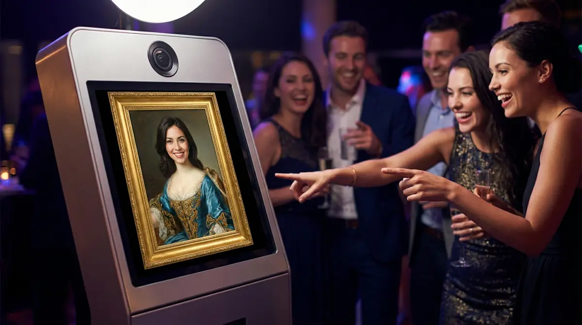 Photorealistic close-up of a photo booth touchscreen displaying a high-quality face swap result showing a smil