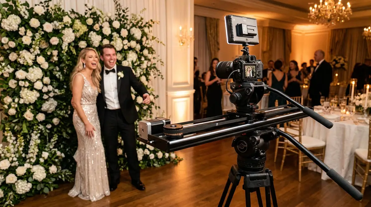 A glambot photo booth setup at an upscale wedding reception, a motorized camera slider rig on a tripod sweepin