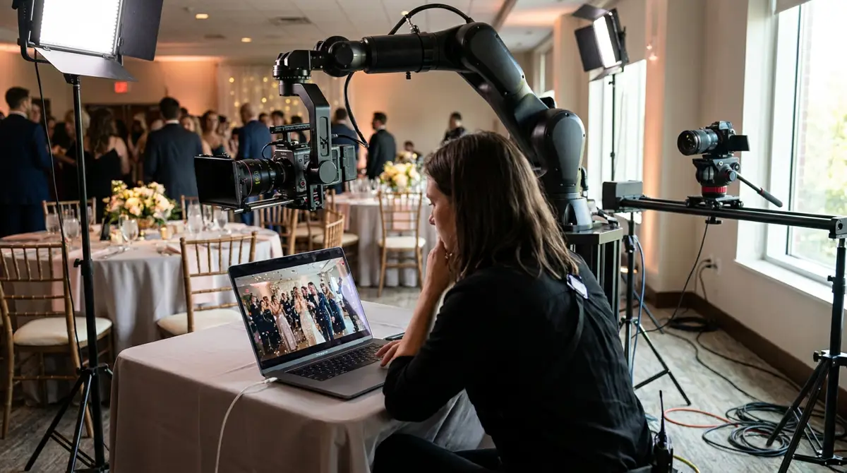 A photo booth operator reviewing glambot slow-motion footage on a laptop at an event venue, camera slider rig 