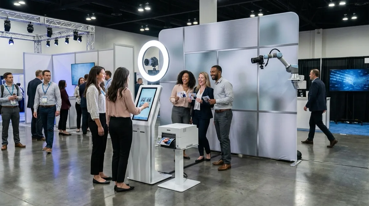 Photorealistic wide-angle scene of a sleek brand activation photo booth setup at a corporate trade show event,