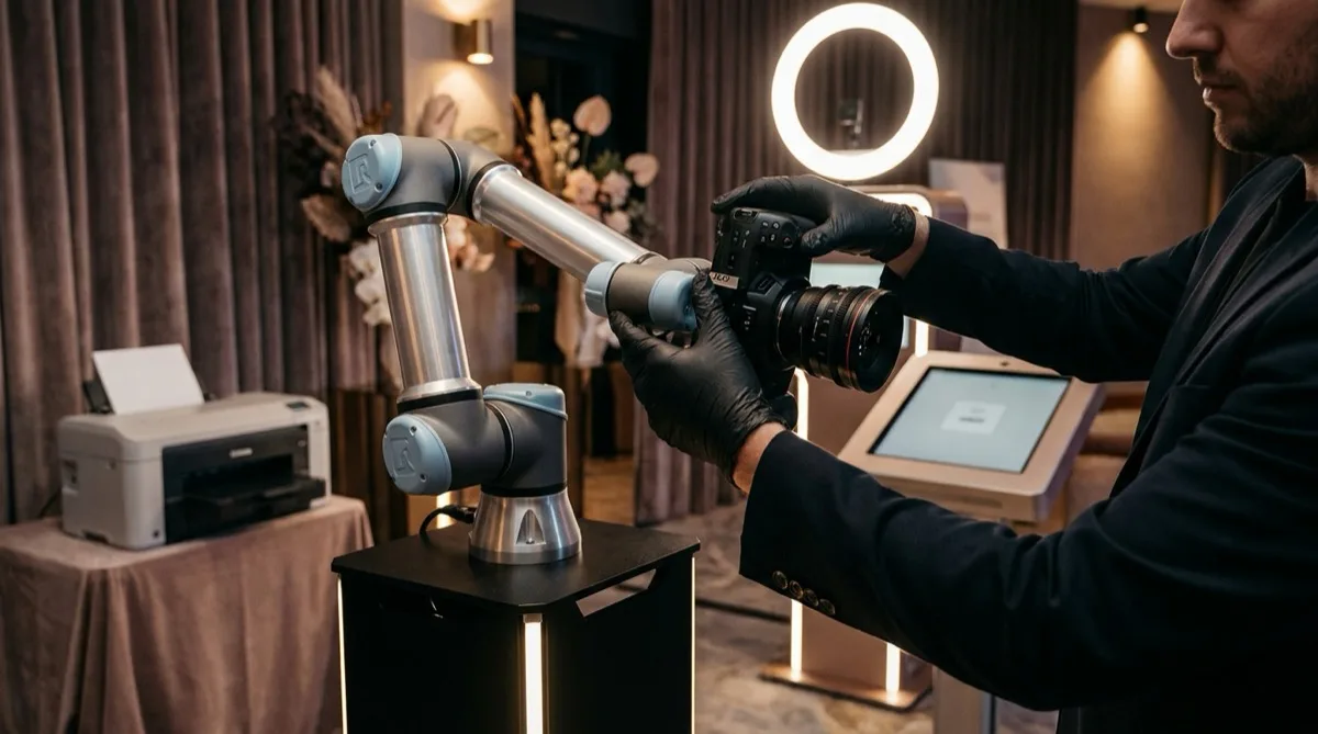 Photorealistic close-up scene of a photo booth operator adjusting a GlamBot camera arm at an upscale brand act