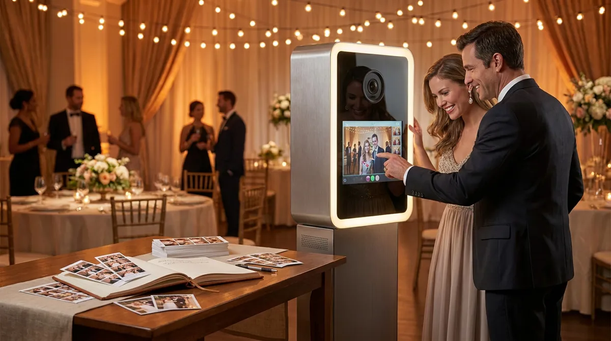 Photorealistic scene of a sleek 32-inch photo booth kiosk set up at an upscale wedding reception, warm ambient