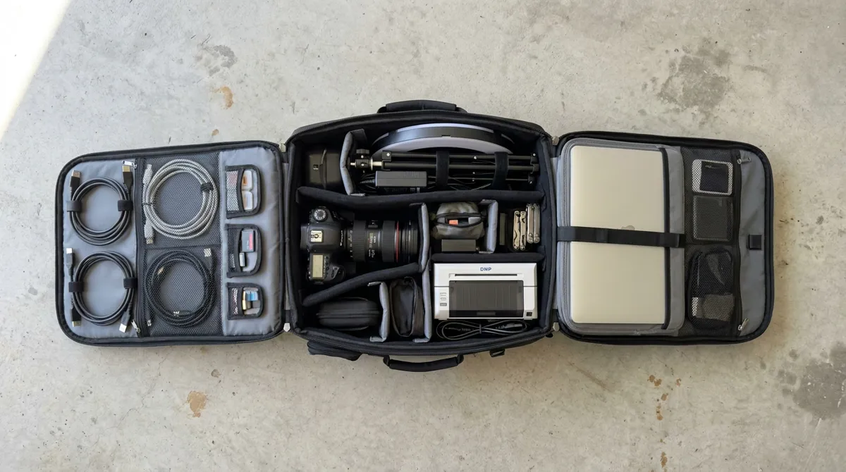 Photorealistic overhead view of a photo booth operator's organized gear bag laid flat, showing camera, laptop,