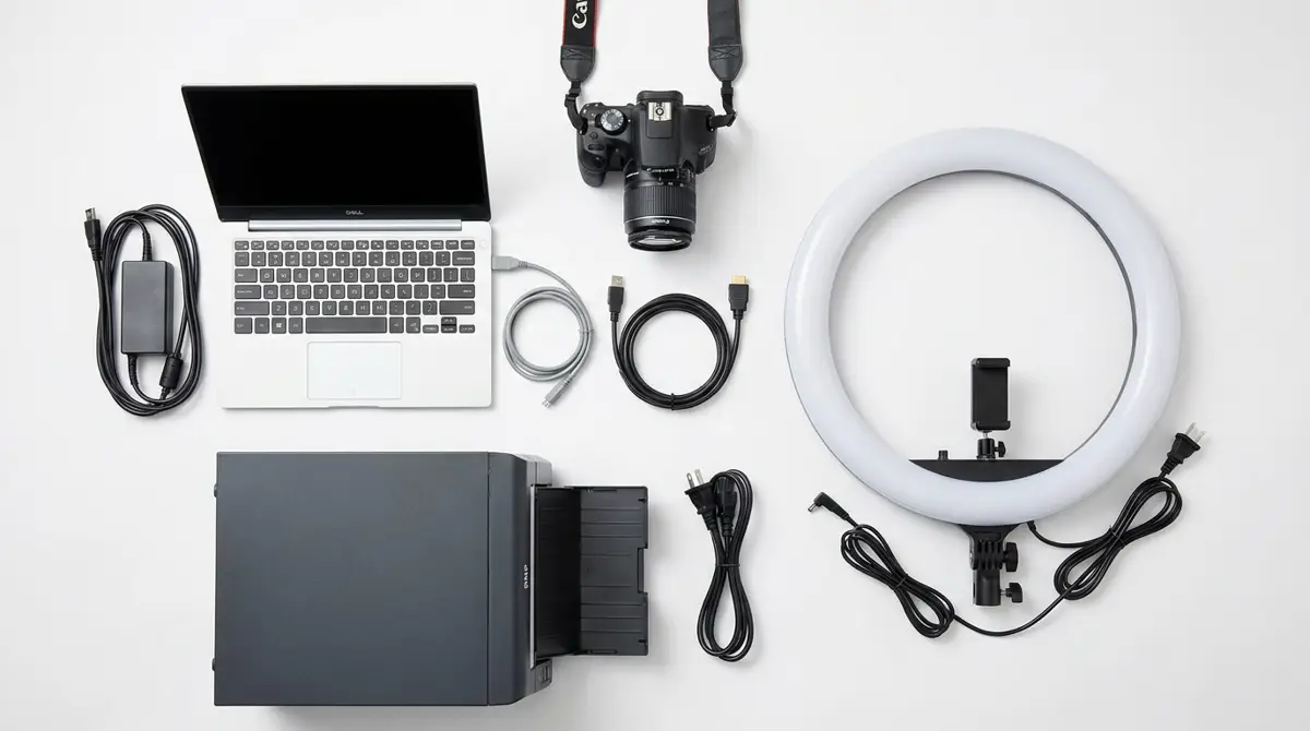 A clean photorealistic overhead flatlay showing photo booth set up equipment including a DSLR camera, Windows 