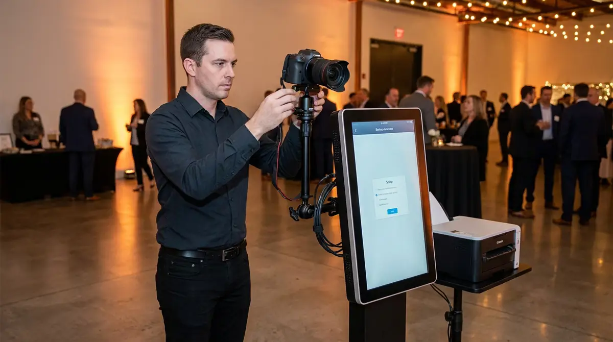 A photorealistic scene of a photo booth operator at a corporate event, adjusting a 32-inch touchscreen kiosk s