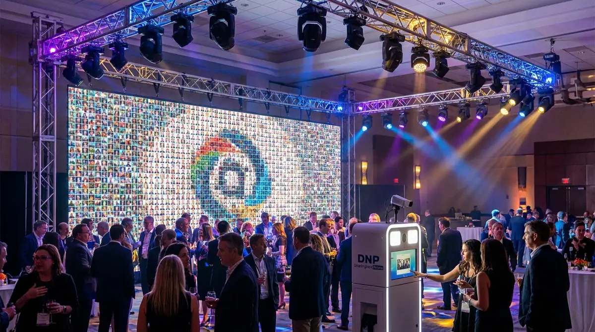 A large LED display wall at a busy corporate event showing a brand logo slowly forming from hundreds of small 