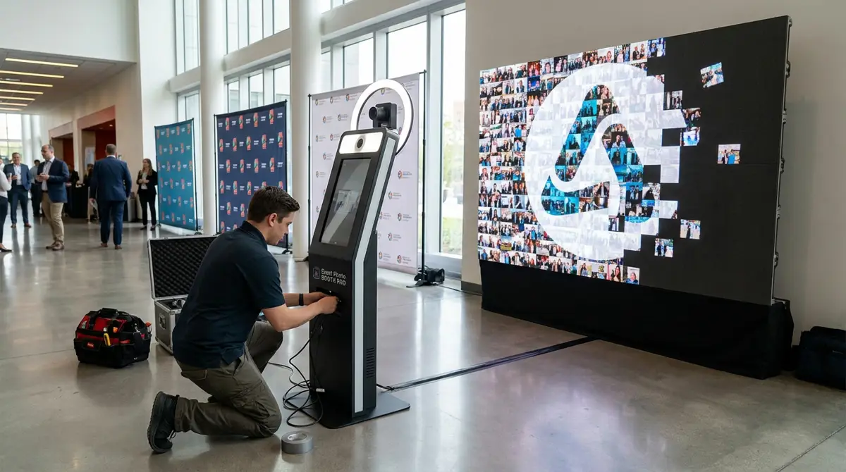 A photo booth operator setting up a sleek kiosk station next to a large mounted display screen showing a parti