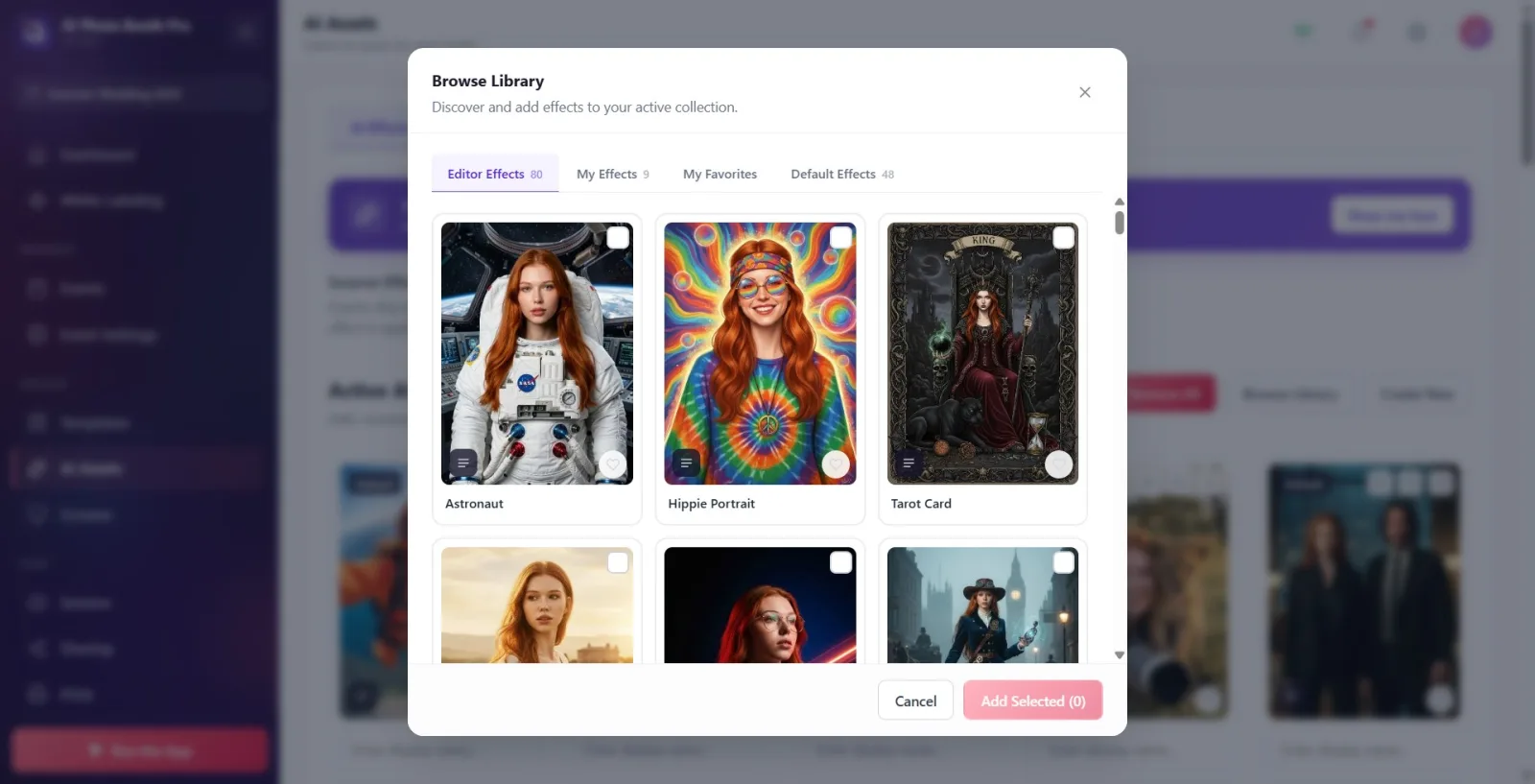 The top tabs of the library modal ( Editor Effects , My Effects , My Favorites , Default Effects ) and the grid view of…
