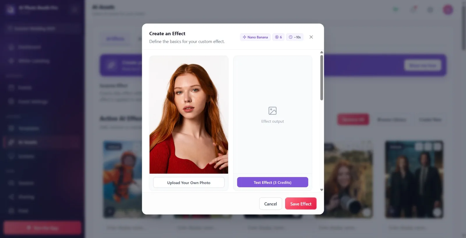 General view of the opened modal Create an Effect ; model/credit/duration badges, preview boxes, and form fields at the…