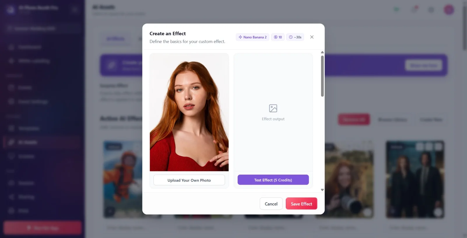 Two preview boxes: input photo + Upload Your Own Photo on the left, 'Test Effect (X Credits)' button and result/output…