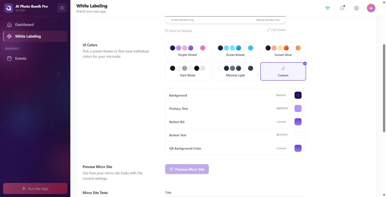 The six theme cards in UI Colors are side by side; The selected theme is highlighted with a 'selected' frame.