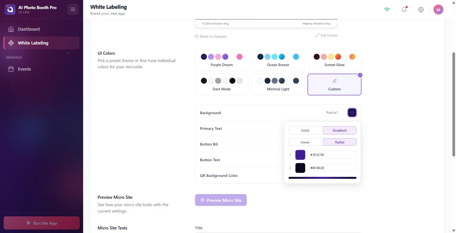 Color picker (Solid/Gradient tabbed) popover that opens when clicking on the swatch box of a color line; rows…