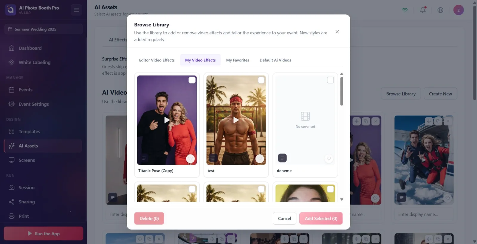 Library modal open: four tabs at the top, a grid of video cards in the middle, Cancel and Add Selected buttons at the…
