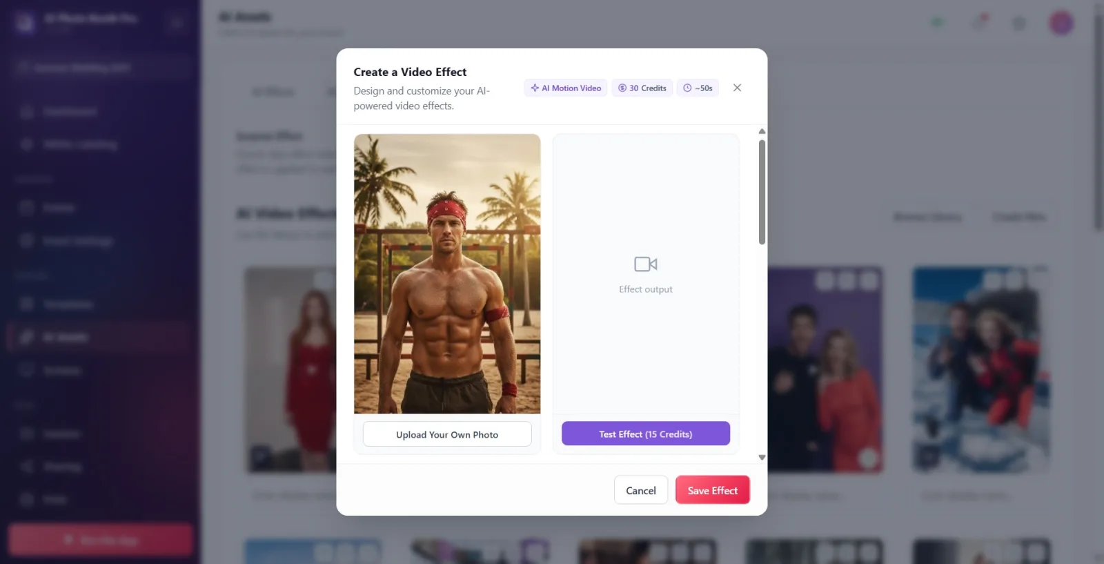 Two preview boxes side by side: input photo + Upload Your Own Photo button on the left, Effect output placeholder and…