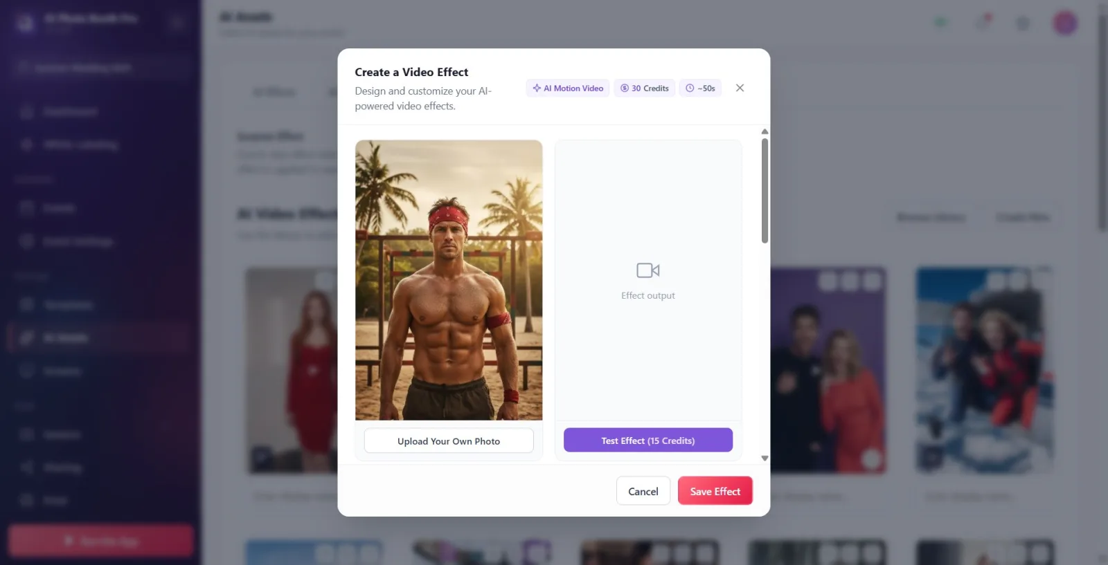 While the generated test video is playing in the right preview box, the download icon is on the top right; 'Test Effect…