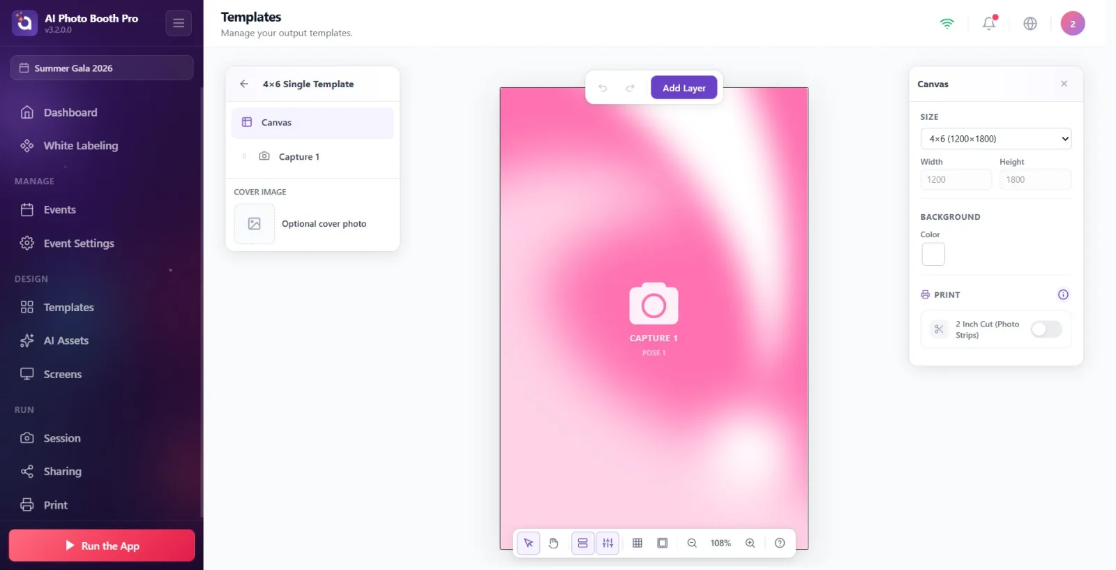 Overall view of the template editor: the Layers panel with the Canvas item on the left, the Properties panel on the…