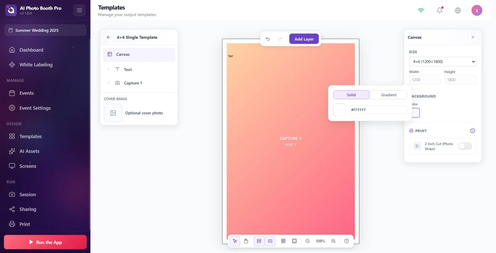 The Background group in the right panel and the color box next to Color ; the color picker popover that opens when the…