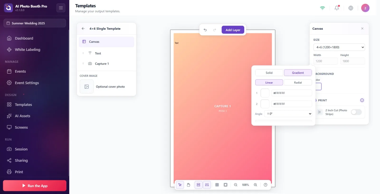 The Gradient mode of the color picker: the 'Linear/Radial' choice, the '1' and '2' color stops, the Angle (direction)…