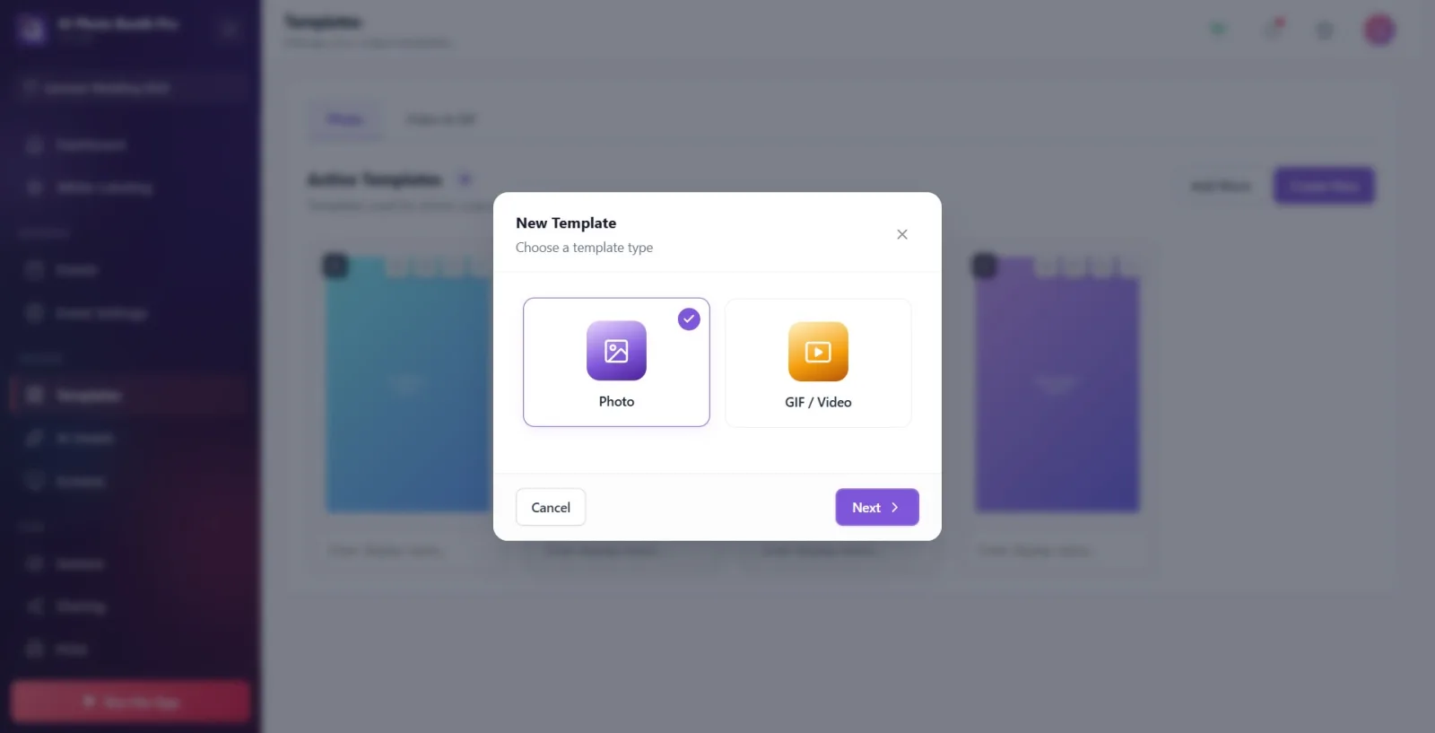 Wizard Step 1: Photo and GIF / Video type cards; the Photo card selected (check mark) and the Next button active