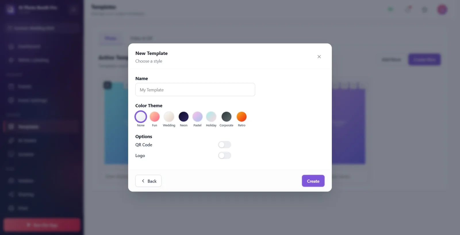 Wizard Step 4: Name field, color theme cards and QR Code/Logo toggles; the 'Create' button at the bottom right