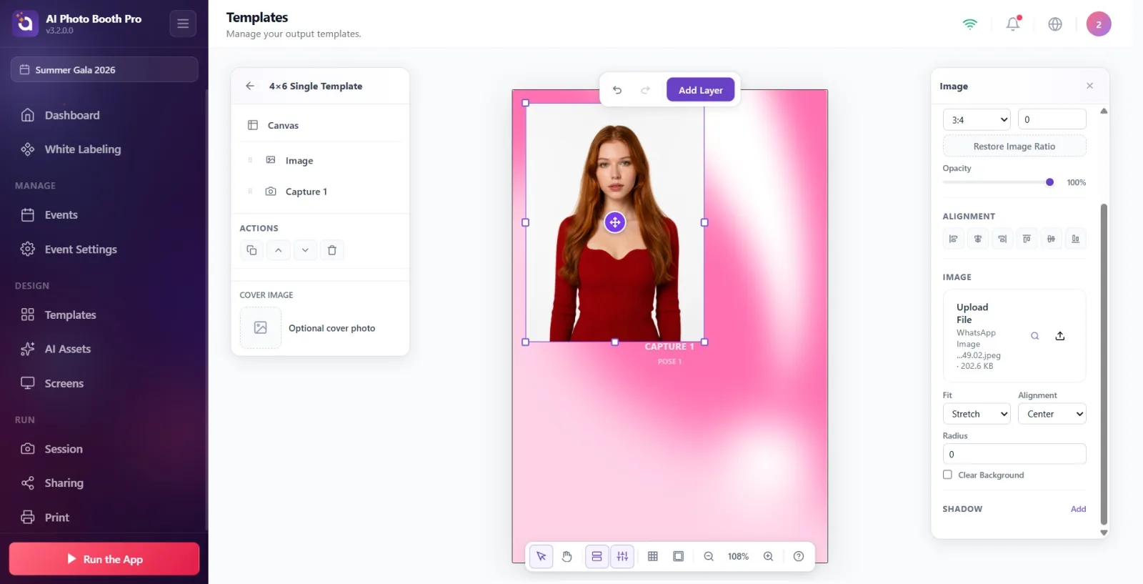 With the Image layer selected, the right "Image" group: file picker + "Fit" (Contain/Cover/Stretch) + Alignment
