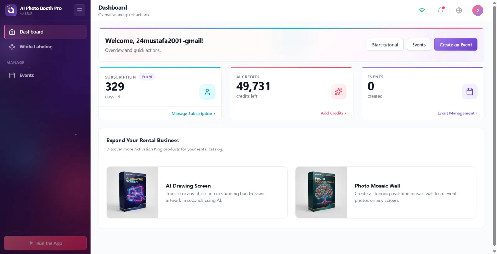 The entire post-login Dashboard: welcome banner at top, three colorful metrics cards in the middle (purple…