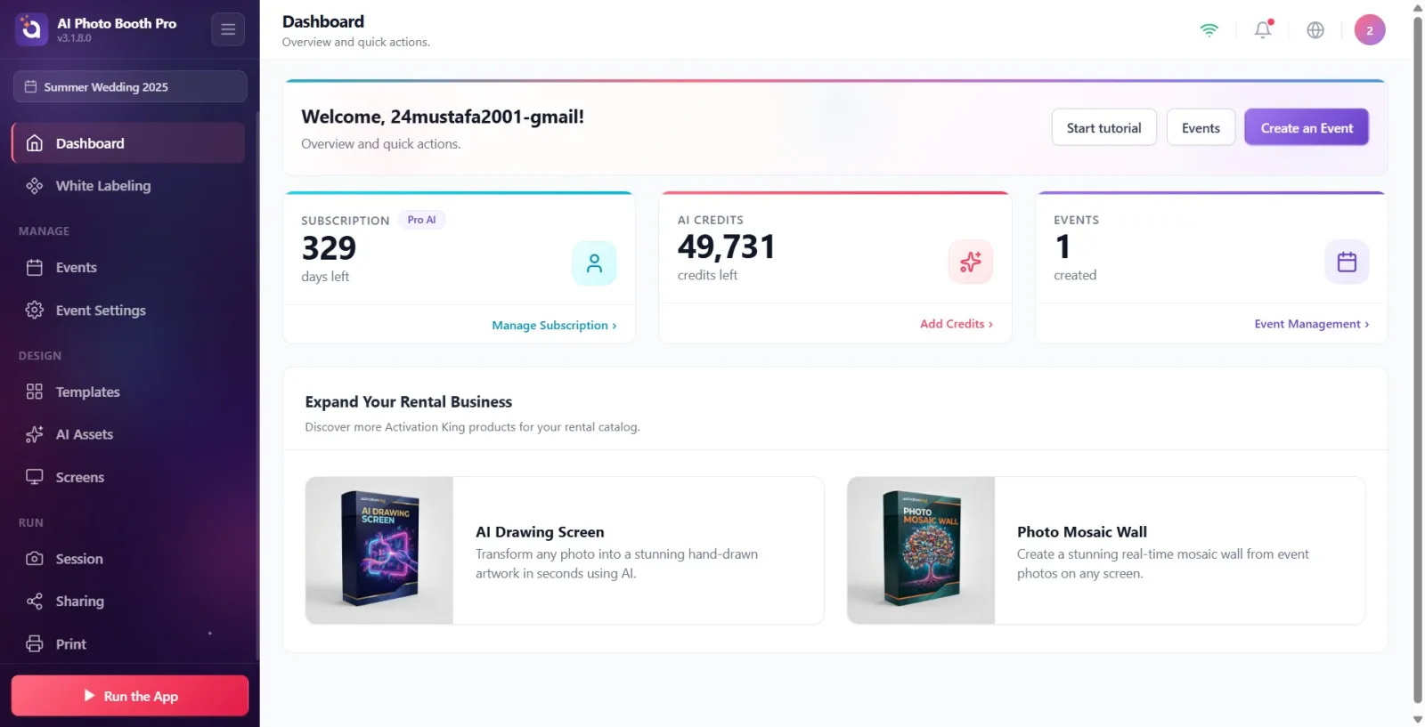 Sidebar with an event selected: Dashboard at the top, active event name label and all tabs under Manage / Design / Run…
