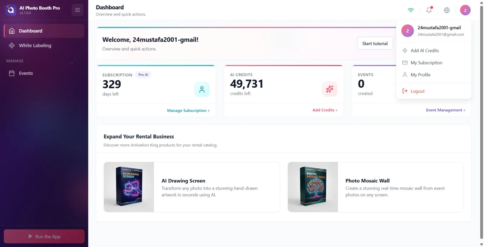 Top bar right side and open user menu: name/email, Add AI Credits , My Subscription , My Profile and red Logout
