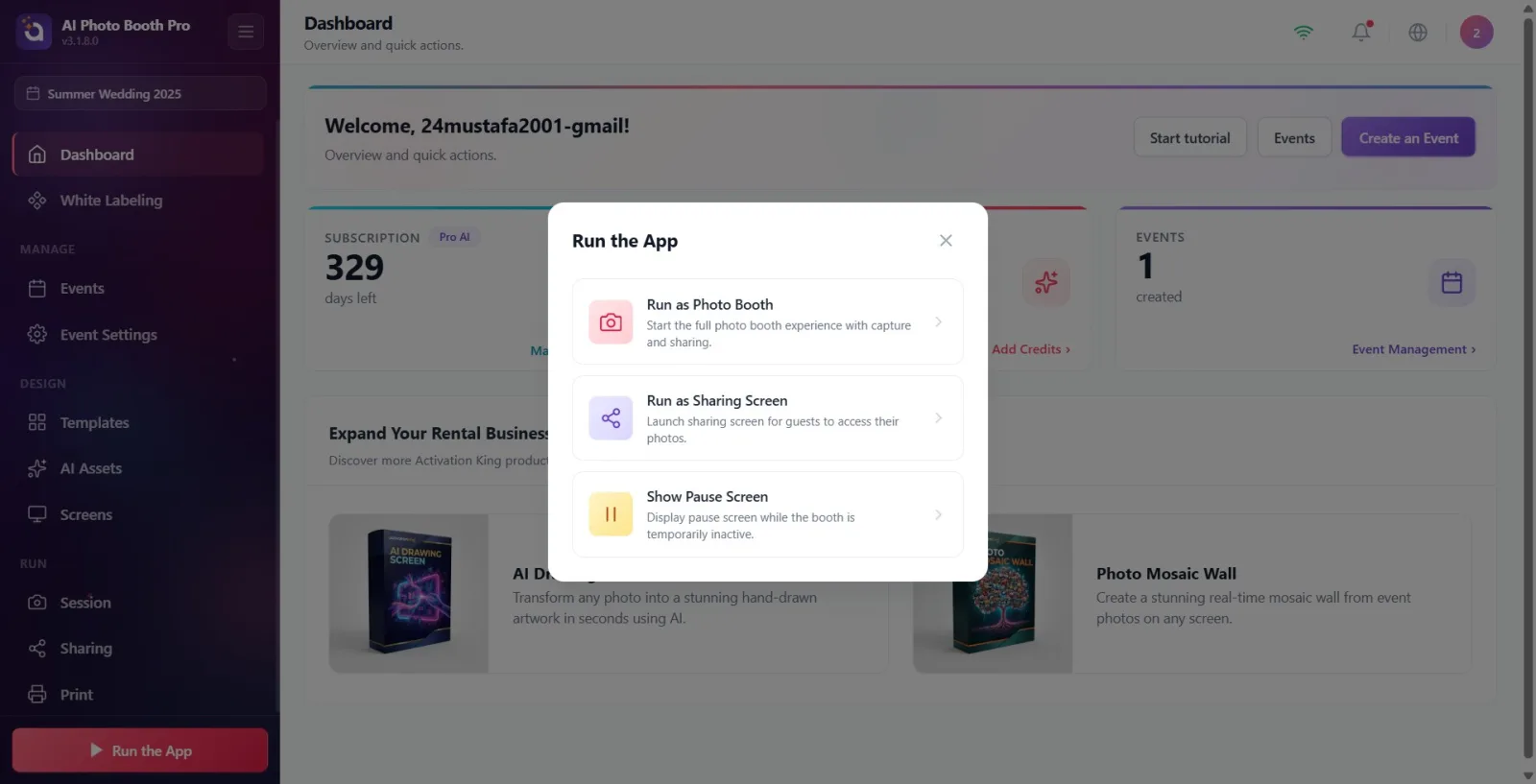 Open Run the App window: three option cards (Photo Booth / Share Screen / Standby Screen) with icons, titles and…