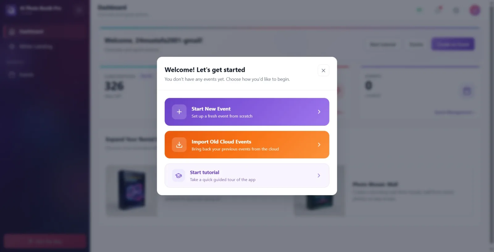 The "No events yet" welcome modal: heading + subtitle + 3 option cards (Start New Event / Import Old Cloud Events /…