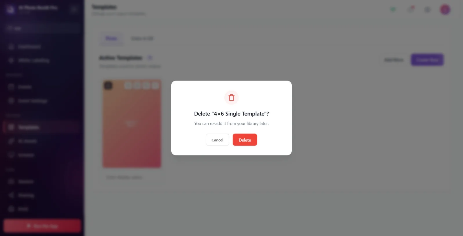 The Remove confirmation dialog: the 'Delete "..."?' title, the You can re-add it from your library later. description…