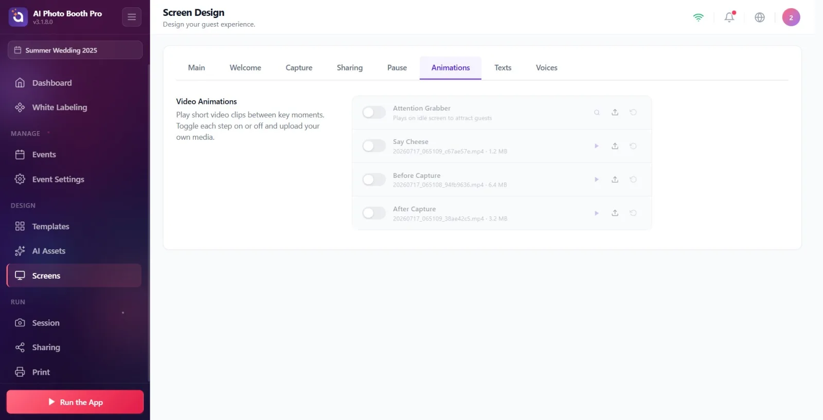 In the left menu, 'Design → Screens' is selected; The Animations tab is highlighted in the tab strip at the top of the…