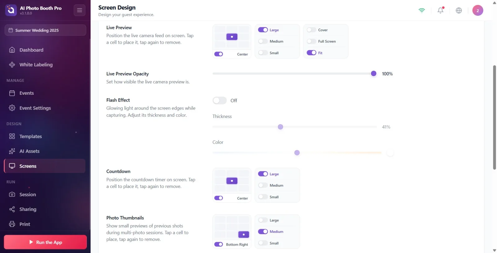Flash Effect section: Round swatch next to On/Off switch, Thickness slider, and Color temperature slider with gradient.