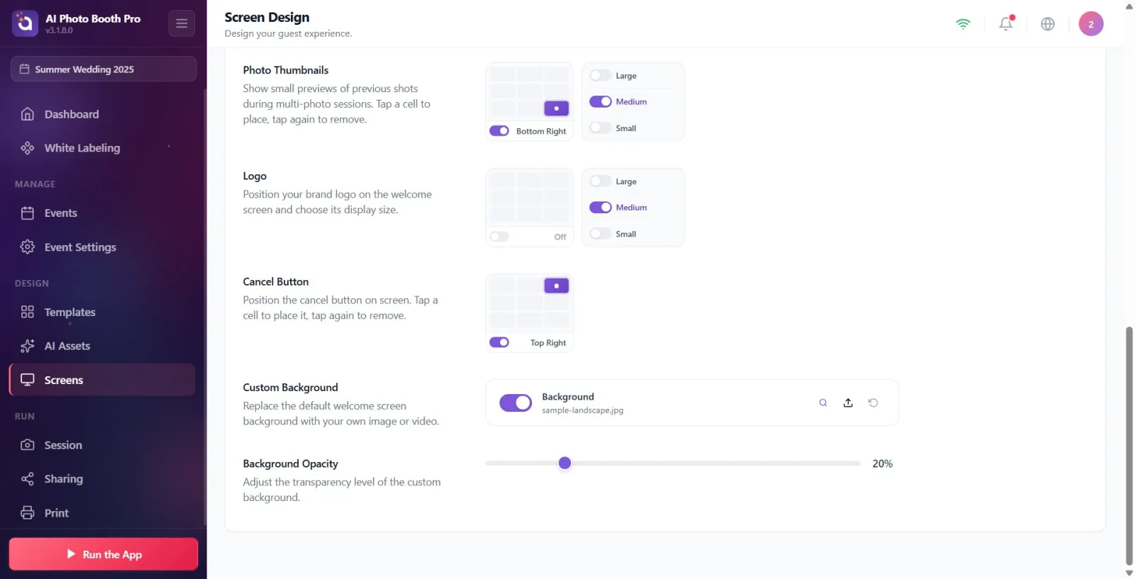 Custom Background row: toggle switch on the left, Background title, file name/description, and Preview / Load / Restore…