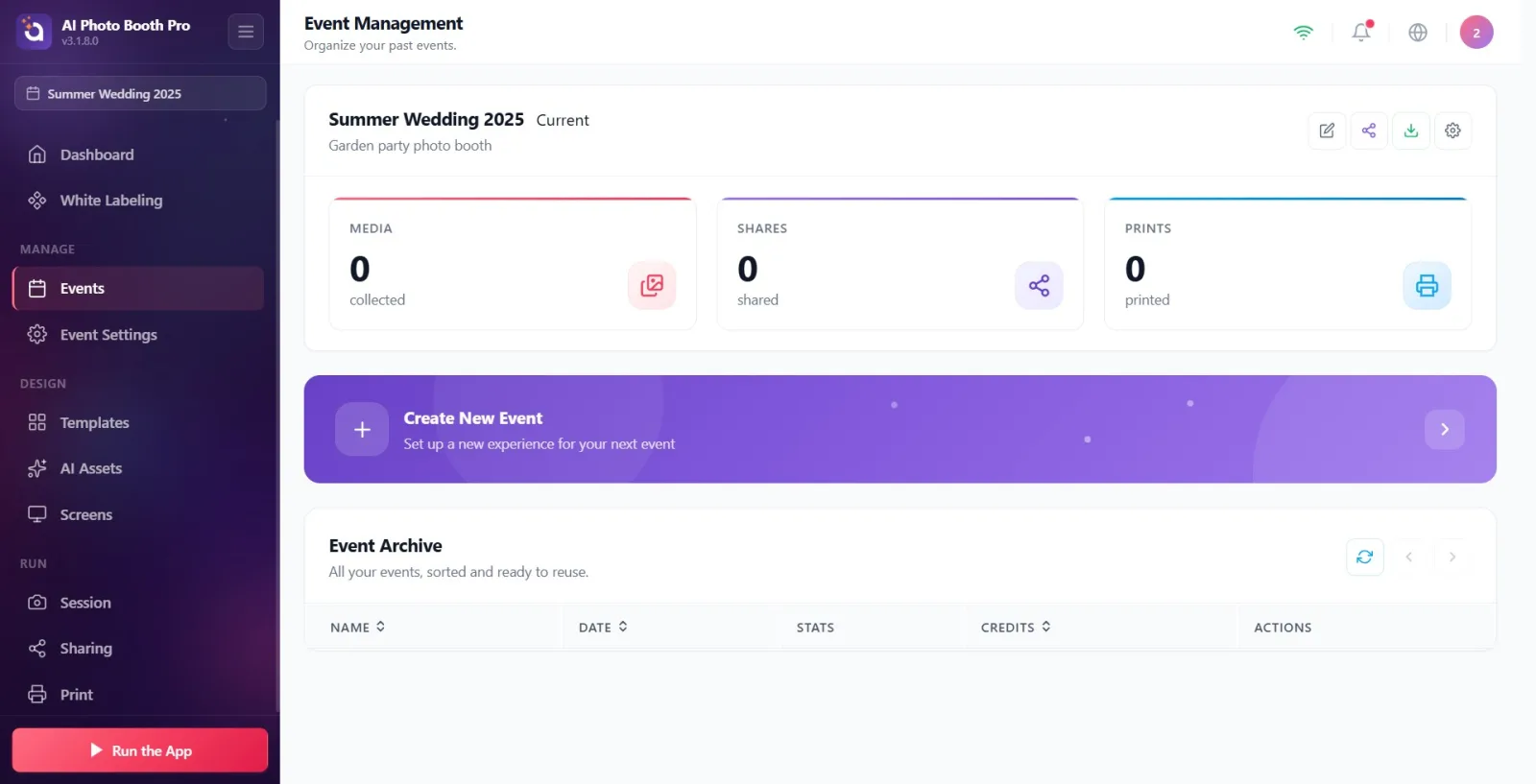 View of the Events screen with an event selected, highlighting the gear-icon Event Settings button among the action…