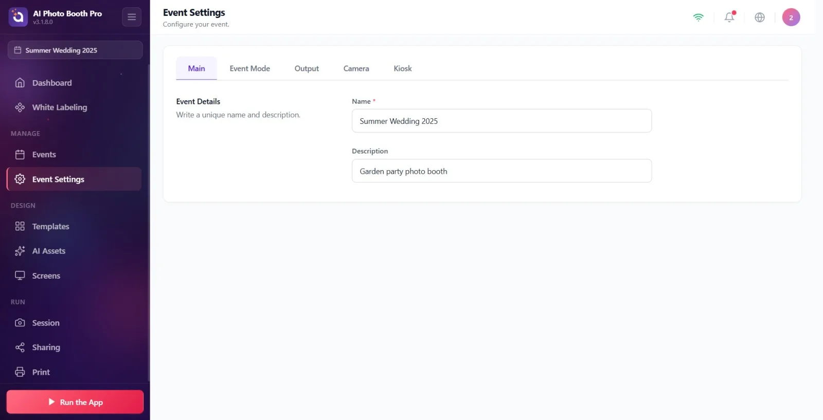 The entire General tab: the Event Details heading, with the Name (marked with an asterisk) and Description text boxes…