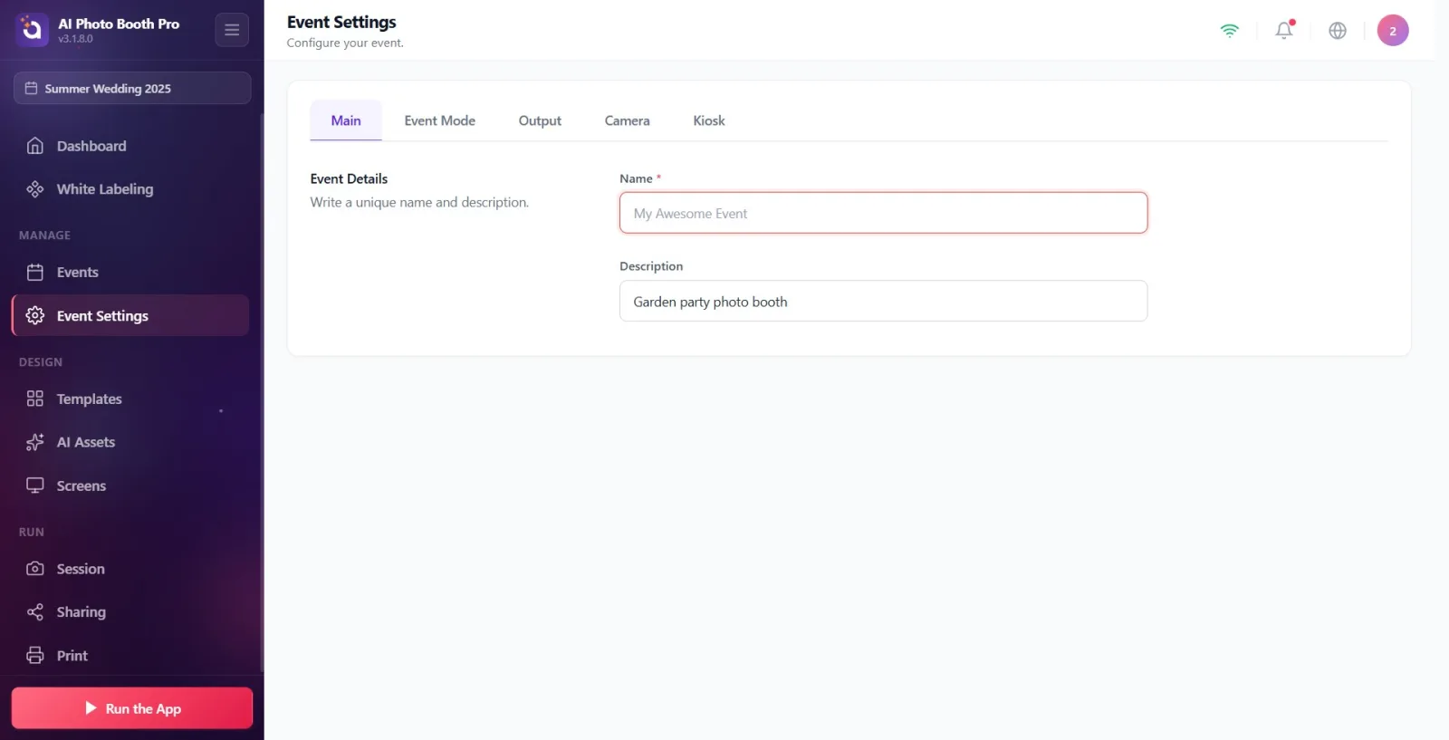 The error state where the Name field is empty, showing a red border and the Event name is required. error message below