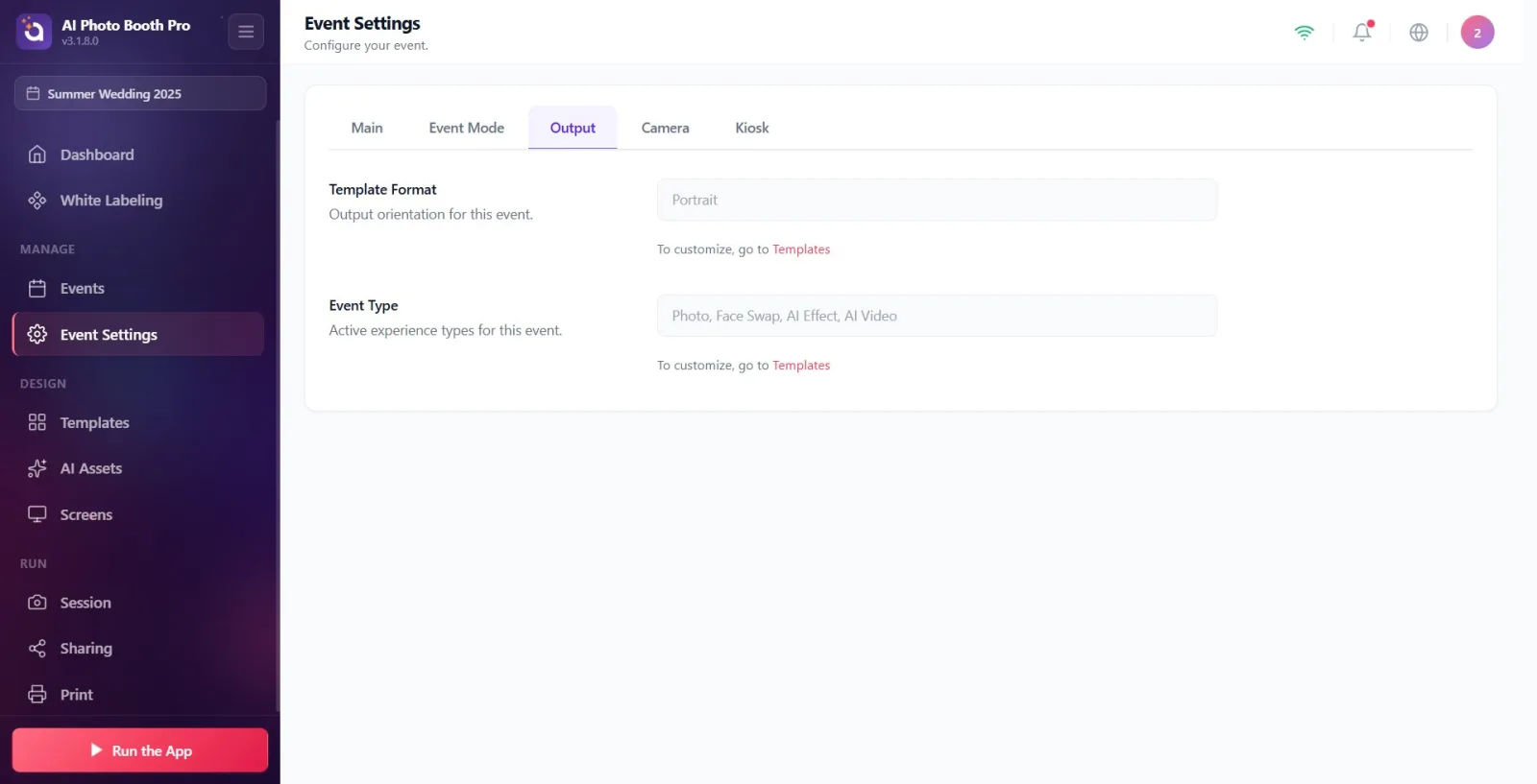 Output tab is open; The read-only panels Template Format appear at the top and Event Type below. Output is active in…