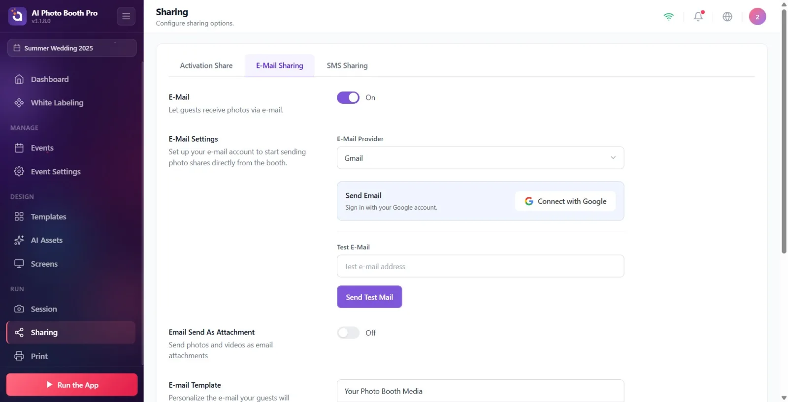 Tab bar at the top of the share page; E-Mail Sharing tab in the middle is selected.