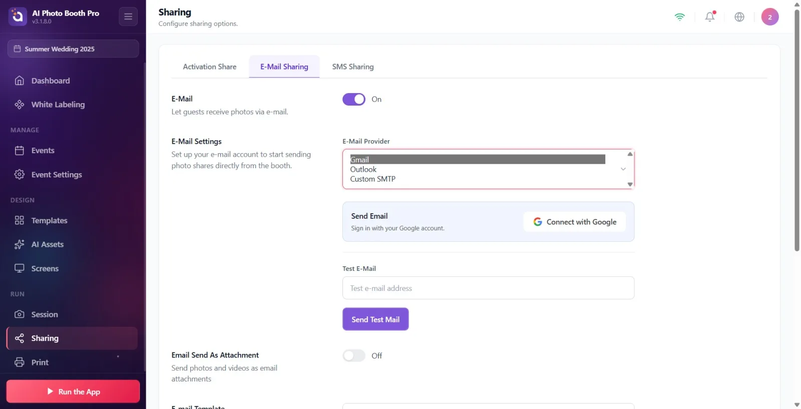 E-Mail Provider drop-down menu open; Gmail , Outlook , Custom SMTP options appear.