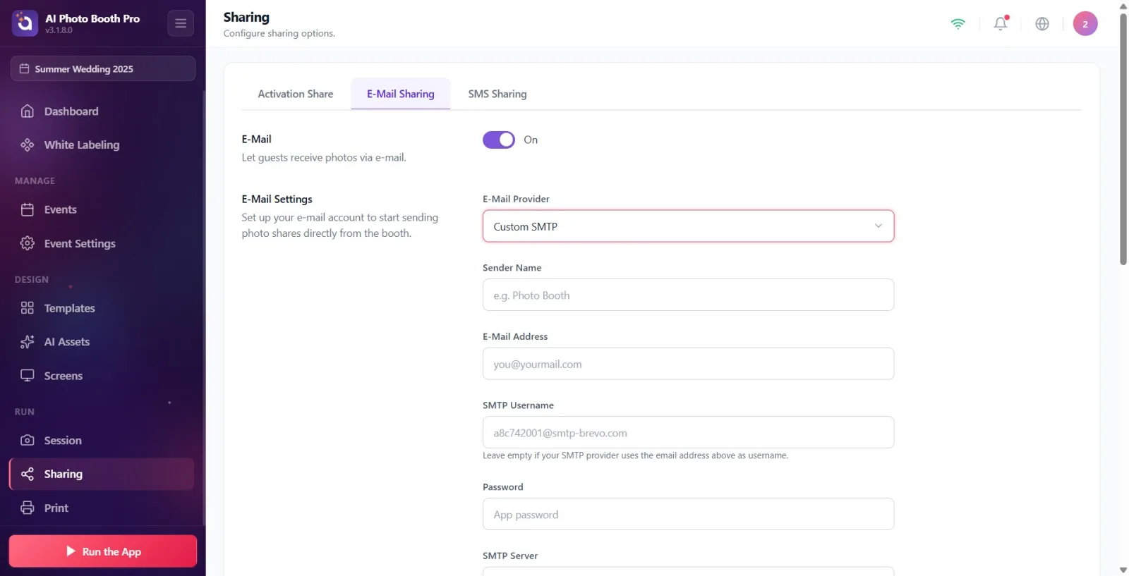 E-mail Template section: subject line at the top, formatting toolbar and content editor below.