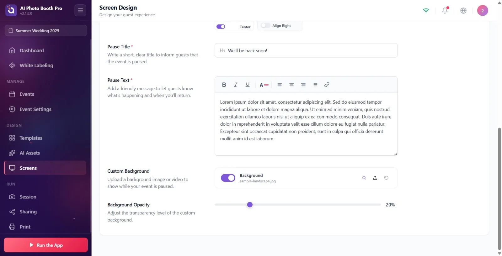Screen Preview canvas: title and message block in the middle; Reset to Defaults and Full Screen buttons at the bottom…