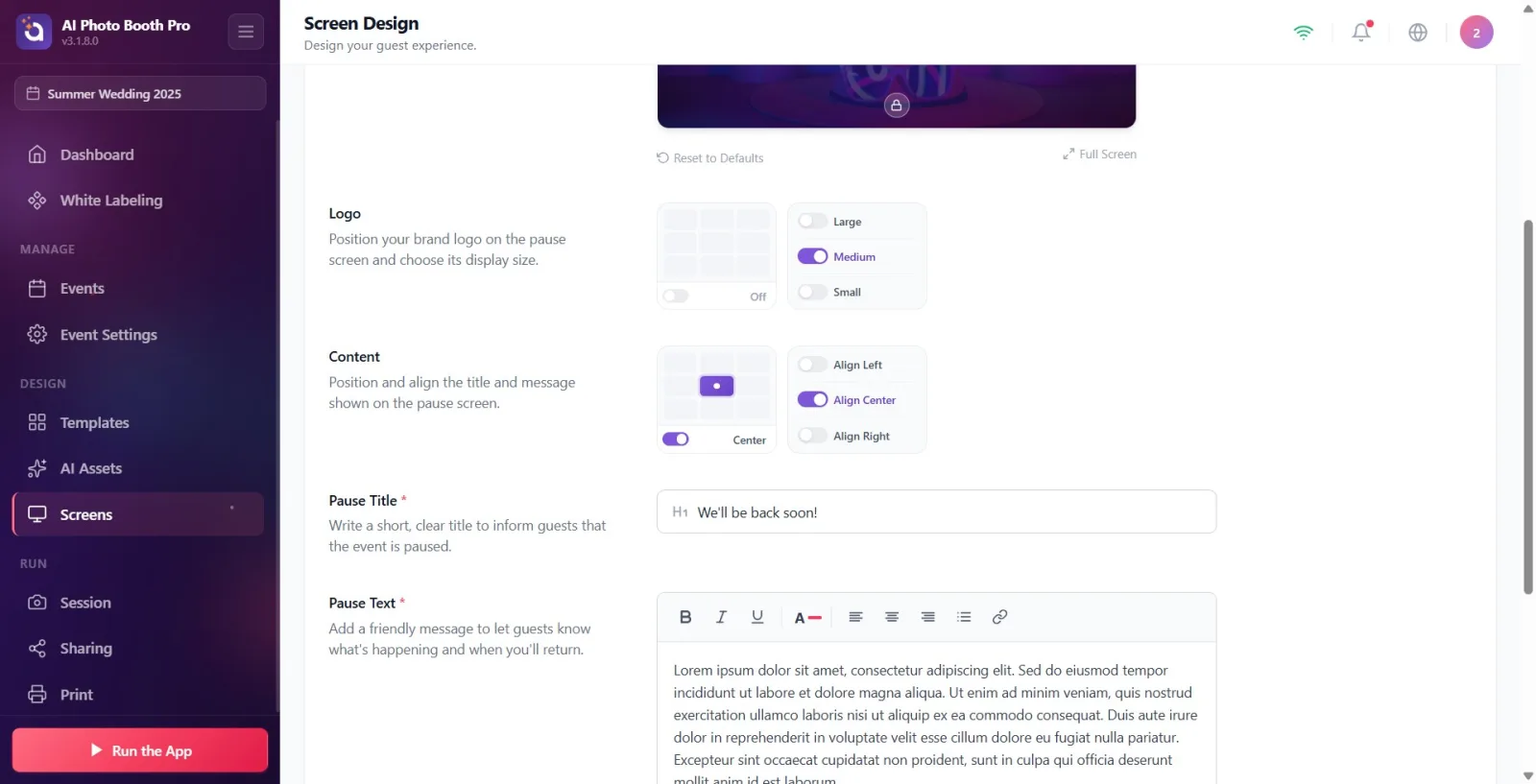 Content section: 3×3 position grid on the left and toggle switch next to it, 'Align Left/Center/Right' options on the…