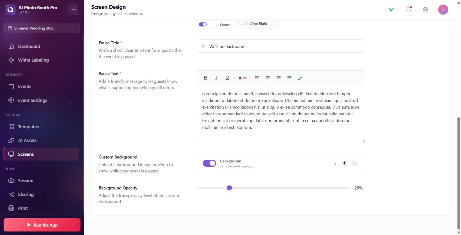Custom Background section: Background row, toggle switch and load/preview/restore buttons on the right.