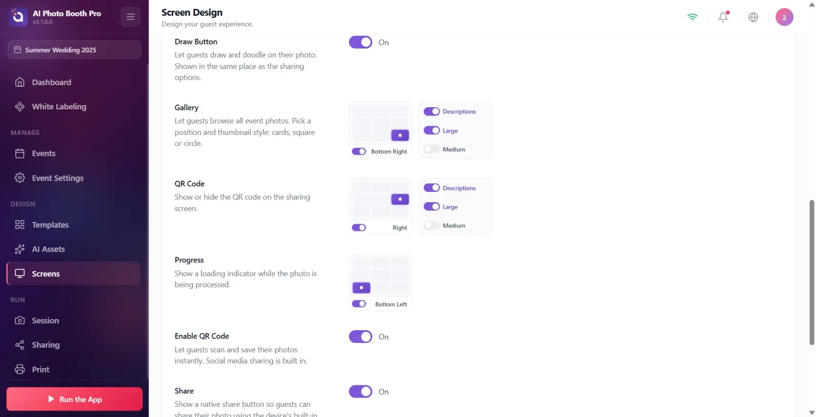 A section's location grid (3×3), with the toggle switch below it and the size/shape + Descriptions switches next to it.