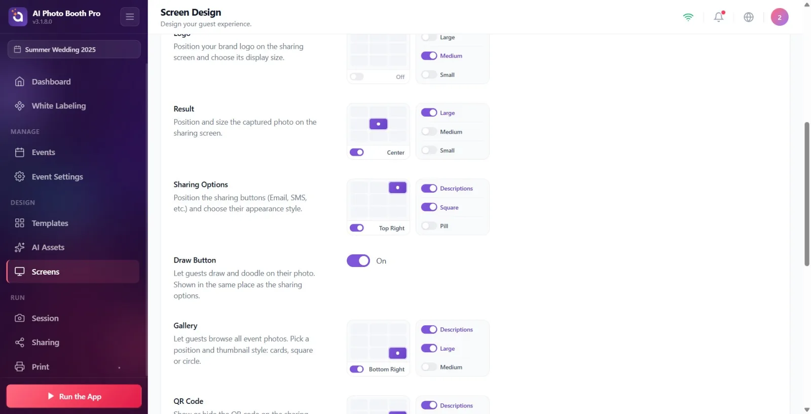 Sharing Options section and vertical column of Email, SMS, Print, QR, Share buttons in preview.