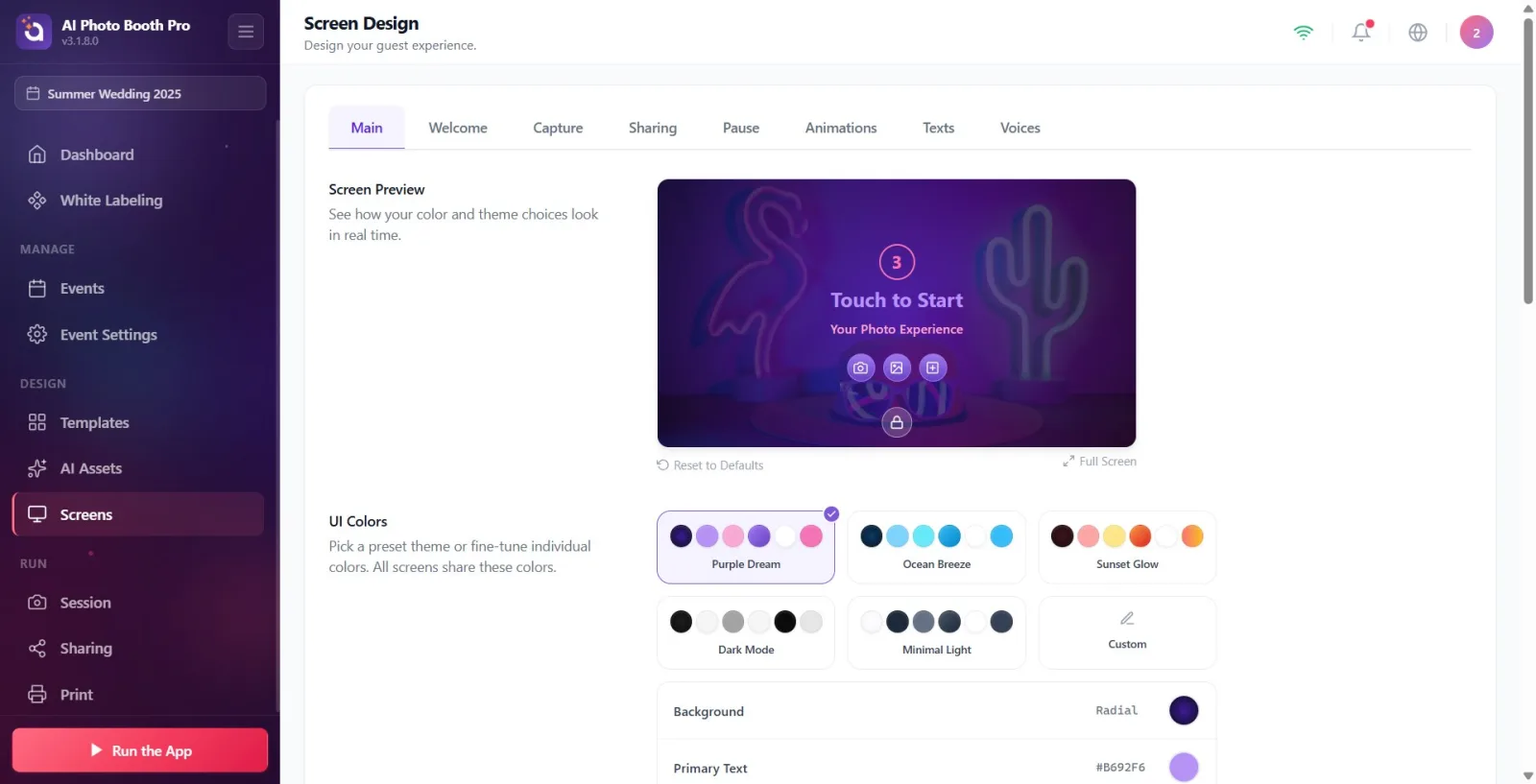 View where Screen Design is highlighted under the Design group in the Settings left menu and the page titled Screen…