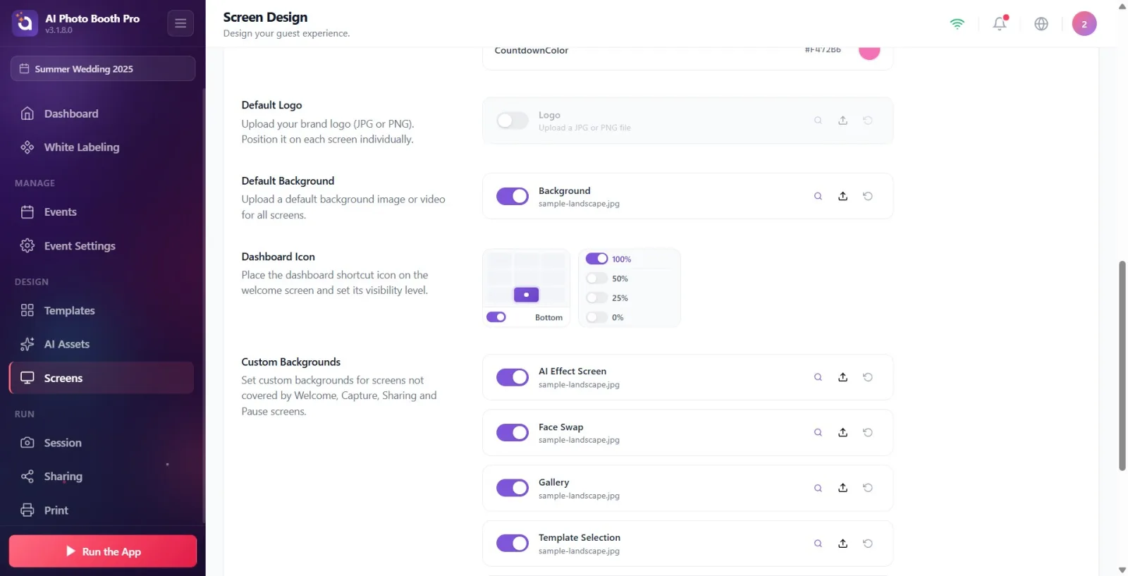 Appearance of position grid and '100% / 50% / 25% / 0%' opacity options next to it in Dashboard Icon section