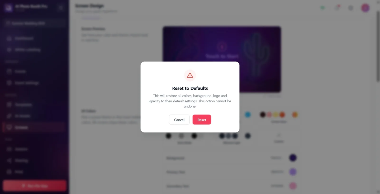 Reset to Defaults confirmation alert: 'This restores all colors, background, logo and opacity to their default…